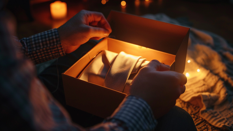 alt="A person opens a silk scarf gift"