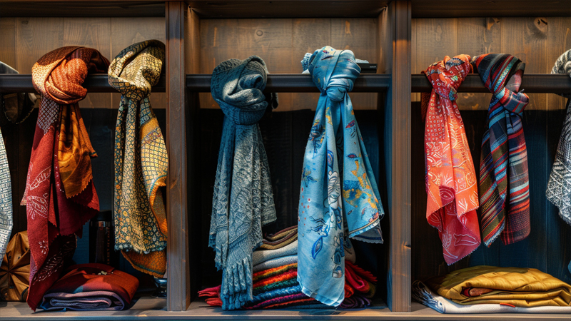 alt="Collection of neatly arranged scarves in various colors and patterns, showing how scarves serve as essential wardrobe staples in women’s fashion"