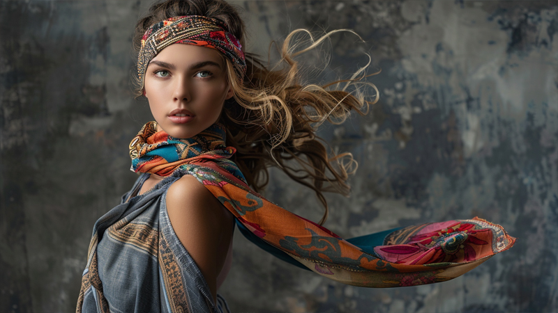 alt="Woman wearing a patterned scarf styled as a headband and neck accessory, showing the versatility and functional fashion uses of scarves in women’s style"