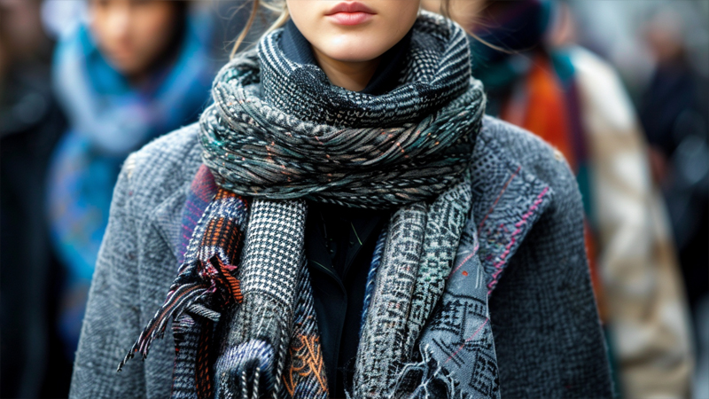 alt="Woman wearing a layered scarf in a busy street setting, showing how fashion trends influence the popularity and styling of scarves in women’s fashion"