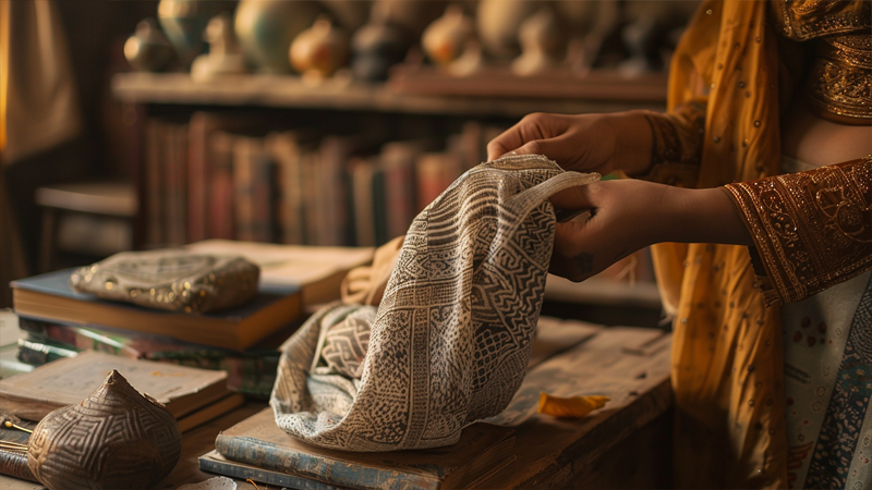 alt="A woman is sewing a headscarf"