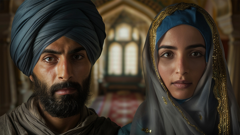 alt="Men and women wearing hijab and Turban"