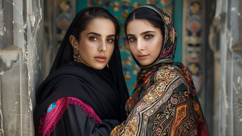 alt="Two Indian women wearing headscarves"