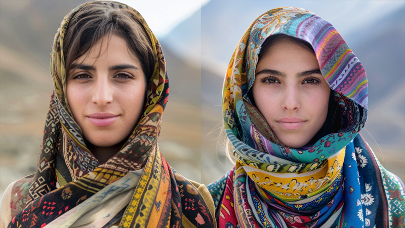alt="Two Indian women wearing headscarves"