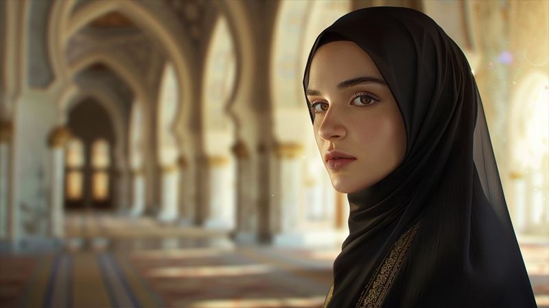 alt="Muslim woman wearing a black hijab standing in a mosque, representing elegance and modesty in Islamic culture"