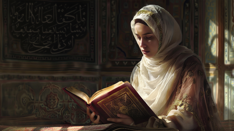 alt="Muslim woman in a silk headscarf reading the Quran, reflecting modesty and faith"