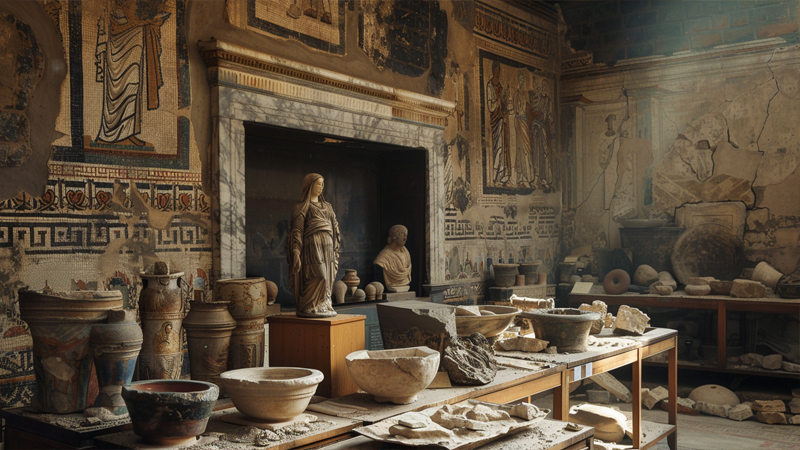 alt="Ancient room with sculptures and mosaics symbolizing the historical roots of head covering in Islamic culture"