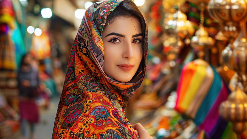 alt="Woman wearing a colorful patterned headscarf in a vibrant Middle Eastern market, showcasing cultural fashion and modest beauty"