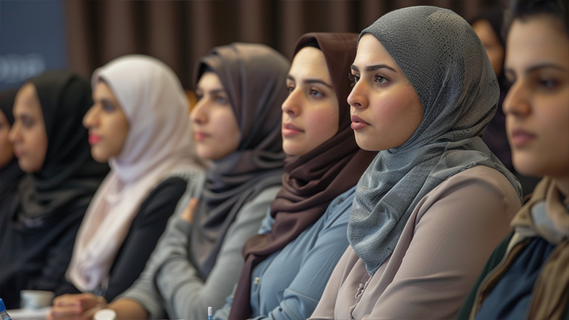alt="Group of Muslim women wearing headscarves attending a seminar, reflecting modern modest fashion and empowerment"