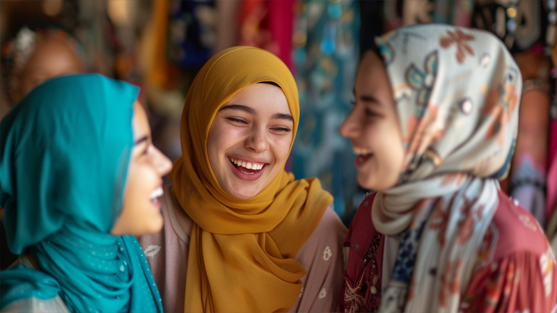 alt="Teen girls laughing while trying on hijabs"
