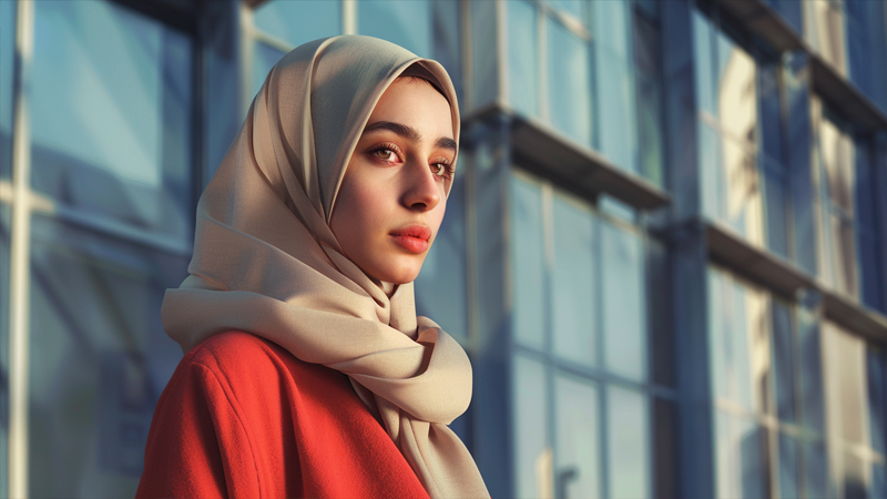 alt="Young Muslim woman wearing a beige hijab and red coat, symbolizing personal choice and empowerment in modern Islamic fashion"