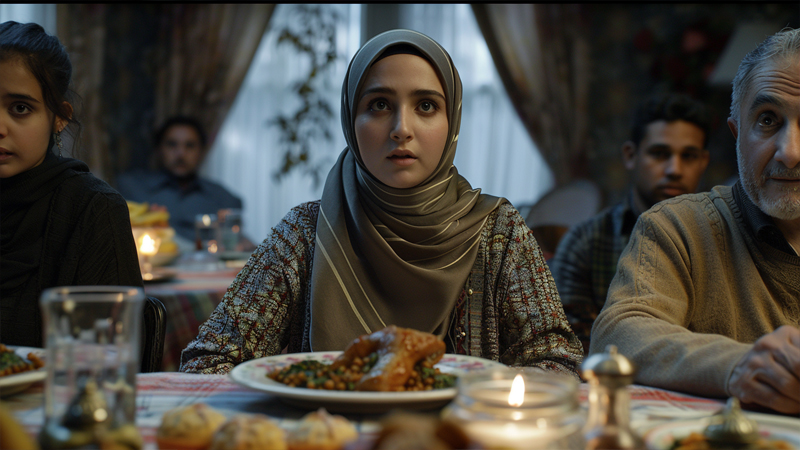 alt="Unmarried Muslim woman wearing a hijab at a family dinner, reflecting social expectations and cultural norms around modesty"