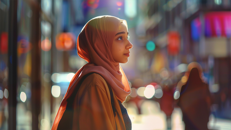 alt="Young Muslim woman wearing a peach hijab walking in the city, representing stories and experiences of unmarried hijab wearers"