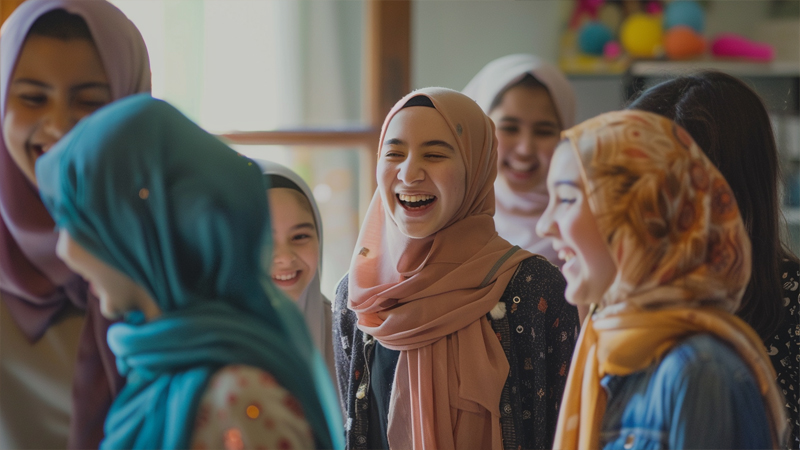 alt="Group of young women wearing colorful hijabs laughing together, symbolizing cultural respect and shared understanding"