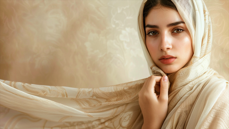 alt="Woman wearing a beige hijab gracefully, representing cultural sensitivity and respect in non-Muslim hijab wearing"