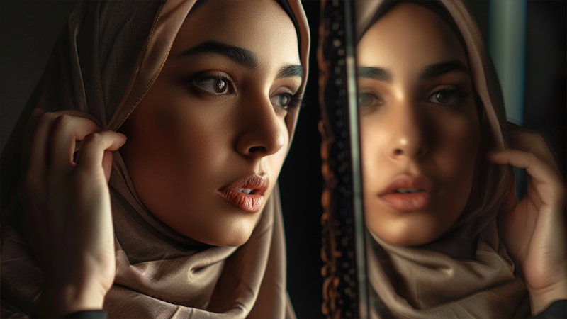 alt="Woman adjusting her hijab in front of a mirror, reflecting the balance between fashion and faith in wearing a hijab"