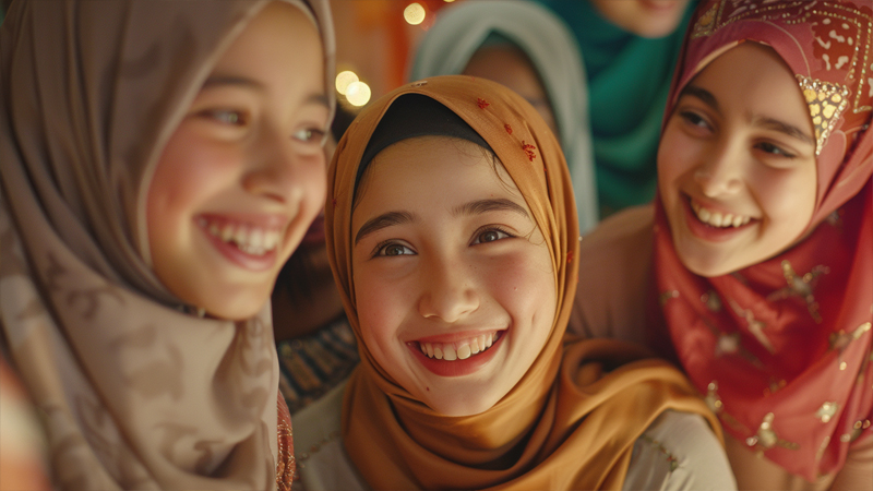 alt="Group of smiling young women wearing colorful hijabs, symbolizing positive and diverse reactions from the Muslim community"