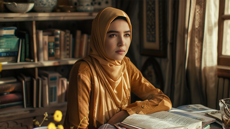 alt="Woman wearing a mustard hijab studying at a desk, representing respectful understanding of hijab styles for non-Muslims"