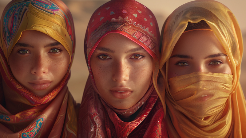 alt="Three women wearing hijab, niqab, and burka in different styles, showing the distinctions between Islamic coverings"