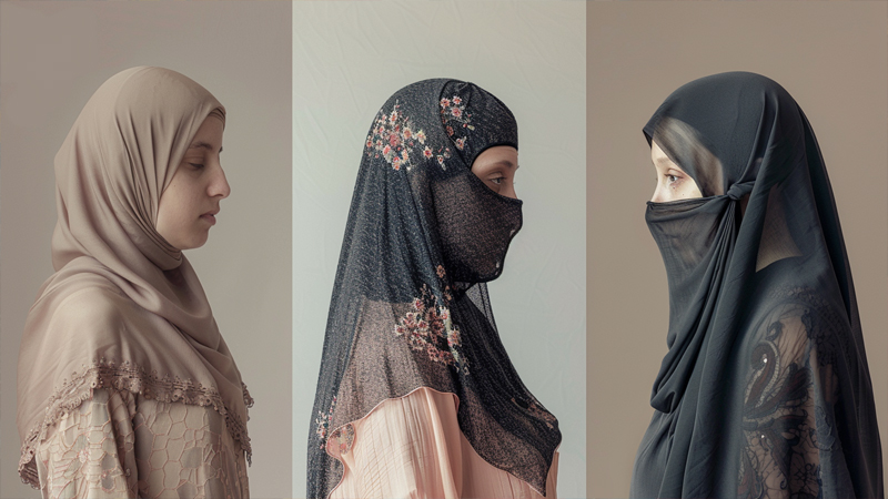 alt="Side view comparison of women wearing hijab, niqab, and burka, showing how each Islamic covering differs in face and body coverage"