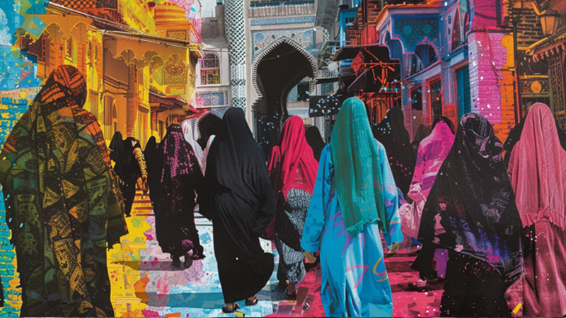 alt="Women wearing different hijab styles walking through colorful streets, illustrating cultural variations in Islamic dress"