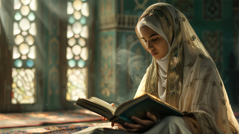alt="Muslim woman wearing a white and gold hijab reading the Quran, representing the religious significance of Islamic coverings"