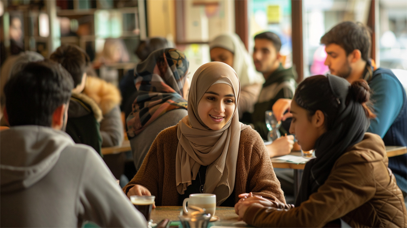 alt="Muslim women wearing hijabs chatting in a modern café, reflecting contemporary perspectives on Islamic coverings"