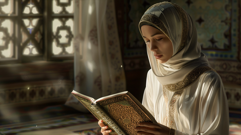 alt="Muslim woman wearing a white hijab reading the Quran, symbolizing the Quranic origins and meaning of hijab"