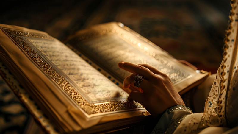 alt="Close-up of a woman's hand turning pages of the Quran, highlighting verses related to hijab and modesty"