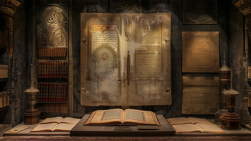alt="Ancient Quran manuscripts and scholarly texts displayed in a library, representing different Islamic interpretations of hijab verses"