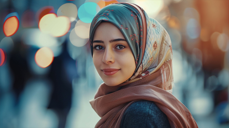 alt="Smiling Muslim woman wearing a patterned hijab, symbolizing the historical and cultural evolution of hijab in Islamic tradition"