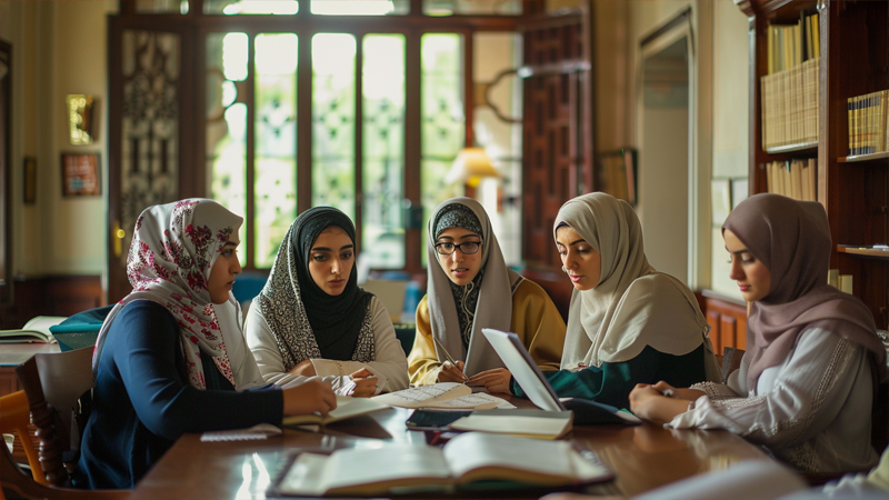 alt="Group of Muslim women studying together in a library, representing modern interpretations and applications of Quranic teachings on hijab"