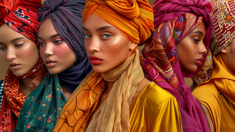 alt="Five women wearing vibrant and diverse headscarf styles, showcasing creative and modern ways to wear a headscarf"