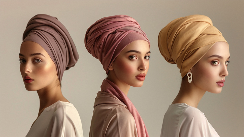 alt="Three women wearing classic turban-style headwraps in neutral tones, demonstrating elegant scarf wrapping techniques"
