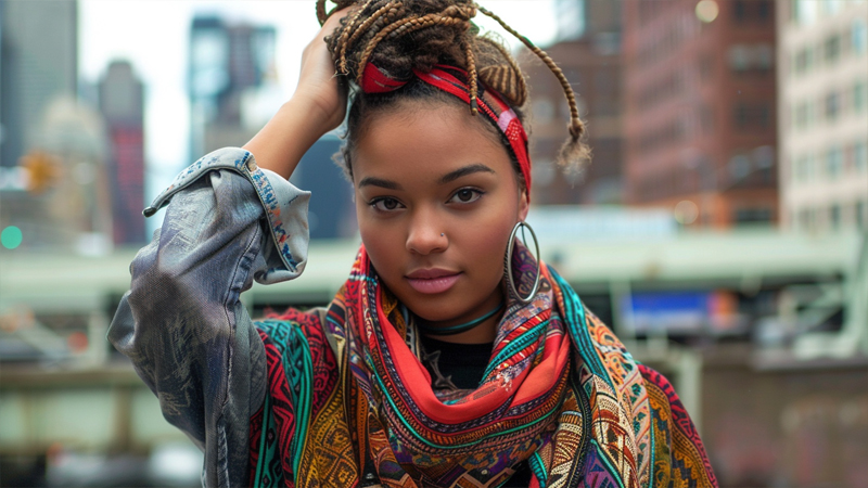 alt="Young woman wearing a colorful patterned headscarf in an urban setting, showcasing trendy and fashionable scarf styles"
