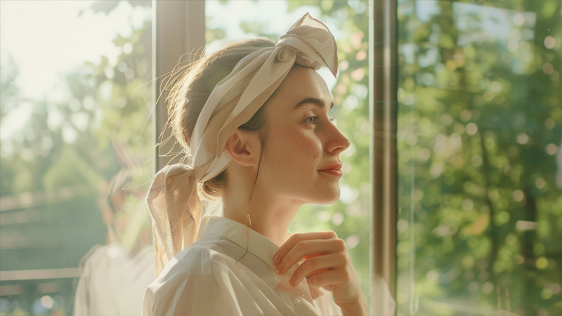 alt="Woman tying a silk headscarf into a simple bow style, showing quick and elegant ways to wear a headscarf for busy mornings"