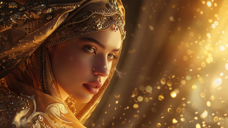 alt="Woman wearing a luxurious gold embellished headscarf, illustrating elegant evening headscarf styles for formal occasions"