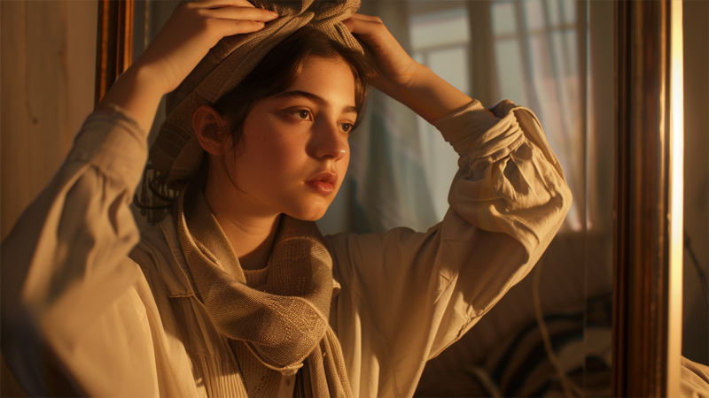 alt="Woman tying a beige hair scarf in front of a mirror, demonstrating how to style and tie a hair scarf easily"