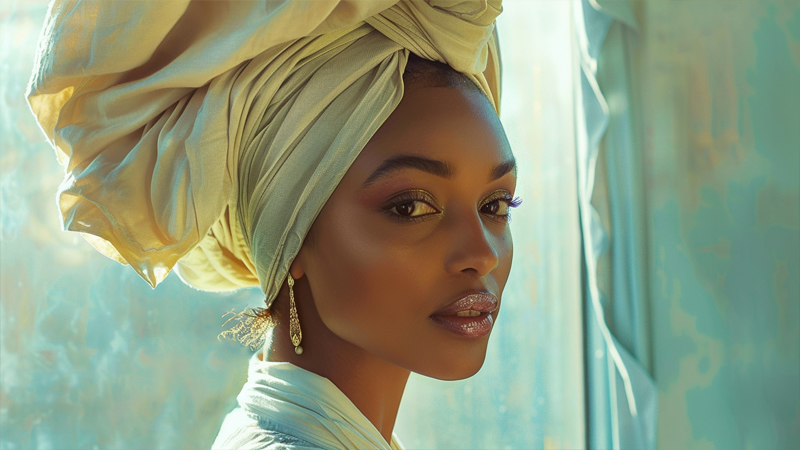 alt="Woman wearing a neatly wrapped hair scarf in a high turban style, illustrating step-by-step scarf tying for beginners"