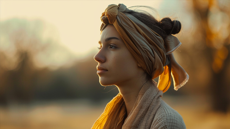 alt="Woman wearing a knotted hair scarf outdoors, demonstrating secure and comfortable ways to keep a scarf in place all day"