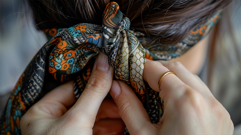 alt="Close-up of hands tying a patterned hair scarf, showing styling techniques for different hair types"