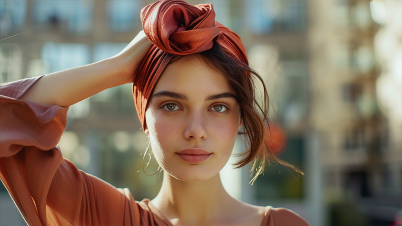 alt="Woman wearing a rust-colored hair scarf tied in a knot, showing common mistakes to avoid when styling a hair scarf"
