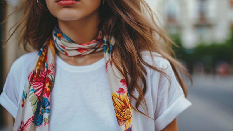 alt="Woman wearing a floral silk scarf with a white T-shirt, showing stylish ways to pair scarves with casual outfits"