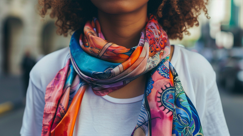 alt="Woman wearing a vibrant multicolored scarf over a plain white T-shirt, showing how to add a pop of color to casual outfits"