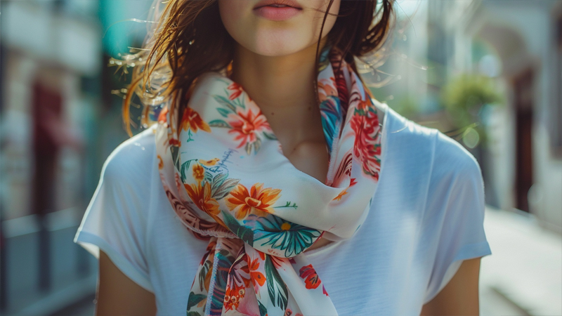 alt="Woman wearing a floral scarf with a white T-shirt, showing how to balance proportions and create a relaxed casual look"