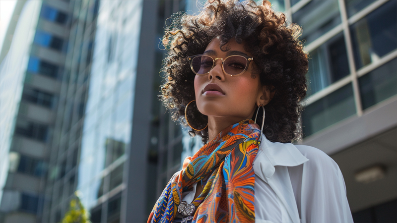 alt="Stylish woman wearing sunglasses and a patterned scarf over a white T-shirt, demonstrating accessorizing tips to enhance a casual look"