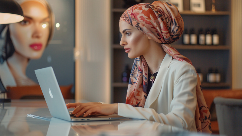 alt="Elegant woman wearing a patterned headscarf while working on a laptop, representing top quality women's headscarves available online"