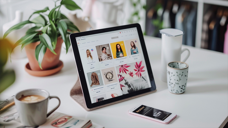 alt="Tablet displaying online headscarf stores on a desk, illustrating top online retailers for high-quality women's head scarves"