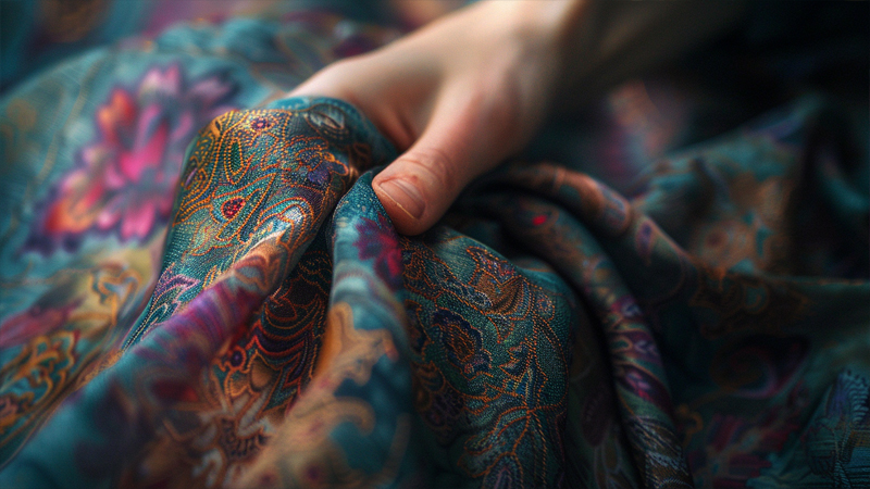 alt="Hand touching soft patterned fabric, representing how to evaluate the quality and authenticity of head scarves when shopping online"