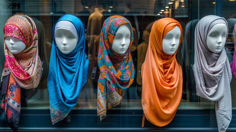 alt="Display of colorful headscarves on mannequins, symbolizing price and value comparison across different online stores"